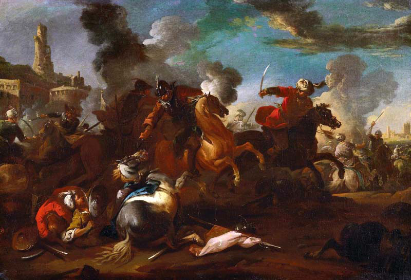 Cavalry Battle on the Outskirts of a Burning City
